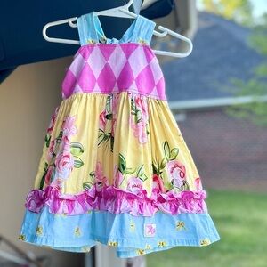 Girls boutique yellow/pink/blue floral sleeveless Dress with ruffles 18m